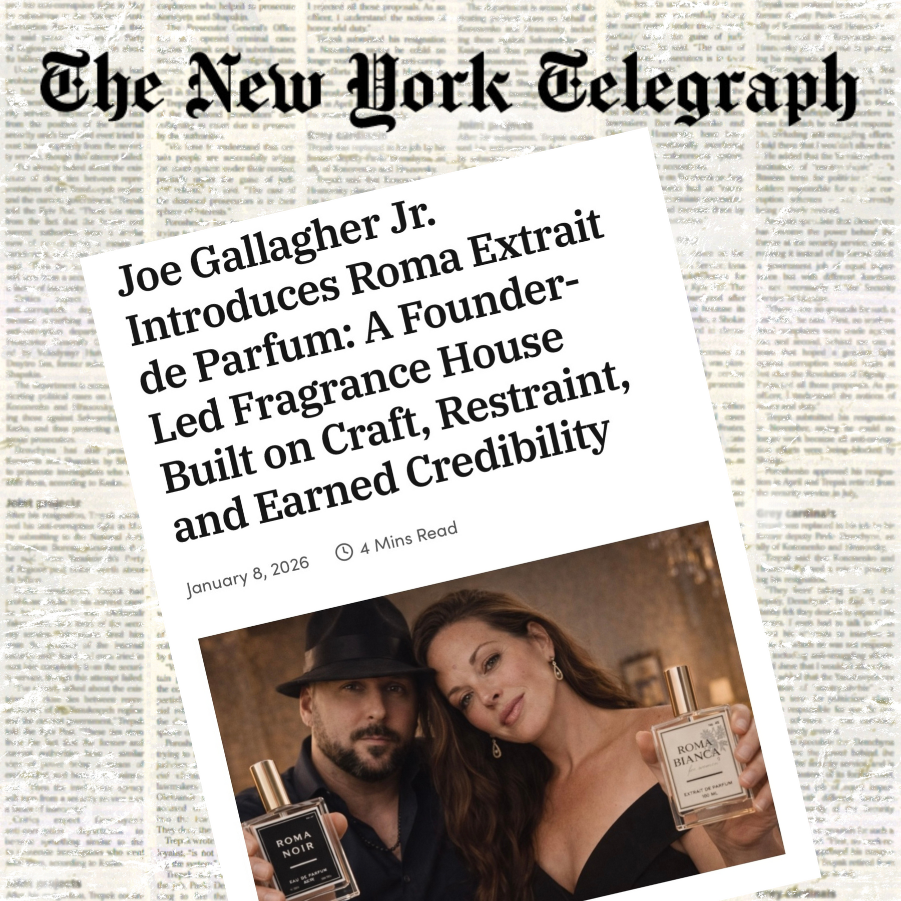 Newspaper article about Joe Gallagher Jr. introducing Roma Extrait de Parfum with a photo of a man and woman holding the perfume.