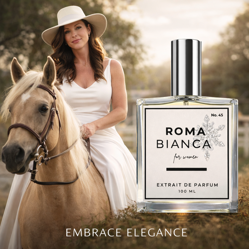 Woman in white dress and hat with horse, Roma Bianca perfume bottle displayed.