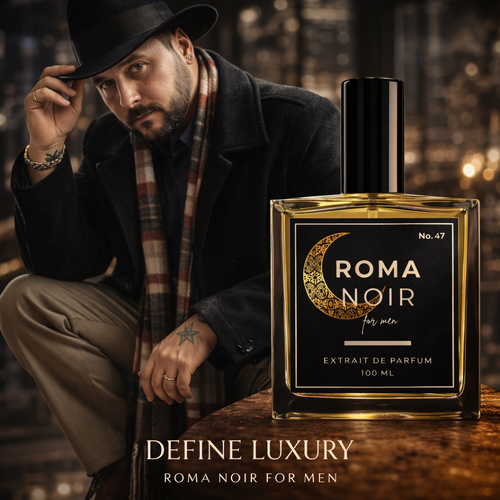 Man adjusting his hat with a bottle of Roma Noir perfume on a wooden table.