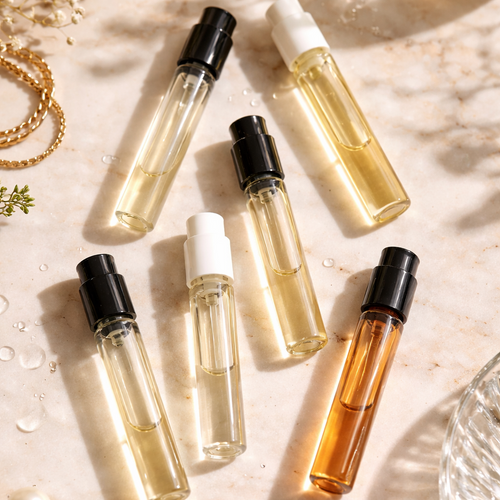 Set of small glass bottles with black caps on a light surface with flowers and jewelry.