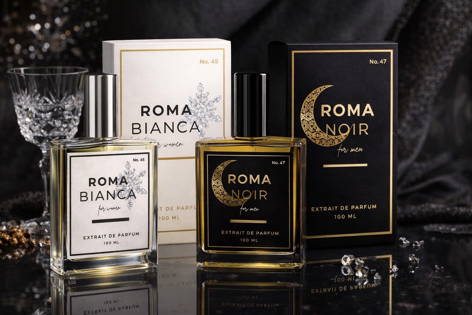 Roma Bianca and Roma Noir perfume bottles and packaging on a reflective surface with a dark background.
