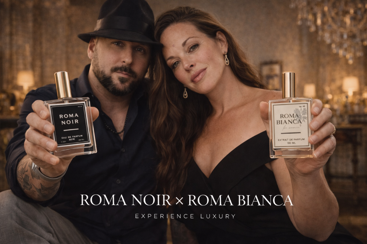 Man and woman holding 'Roma Noir' and 'Roma Bianca' perfume bottles in a luxurious setting.