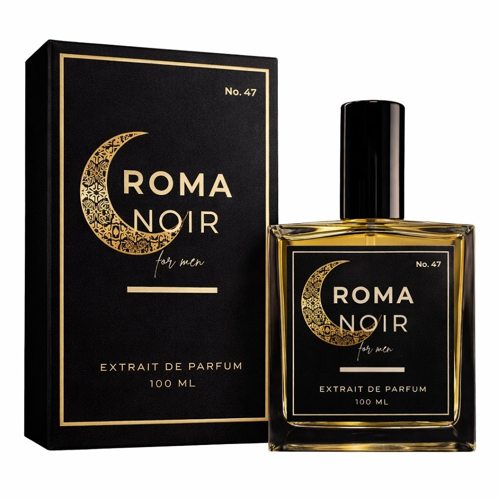 Roma Noir perfume bottle and packaging on a white background